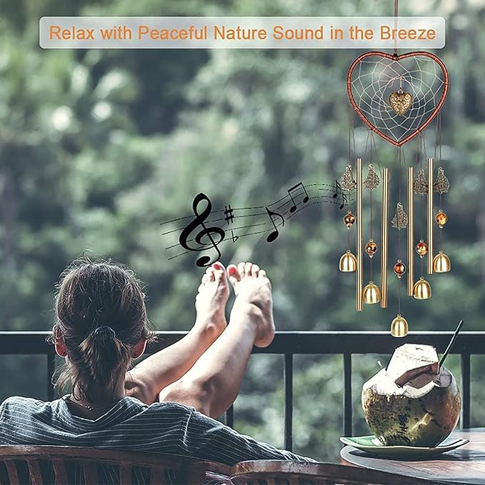 Bwinka Unique Sweet Heart Dream Catcher Wind Chimes Brass Bell for Outdoor Garden Home Hanging Decoration…