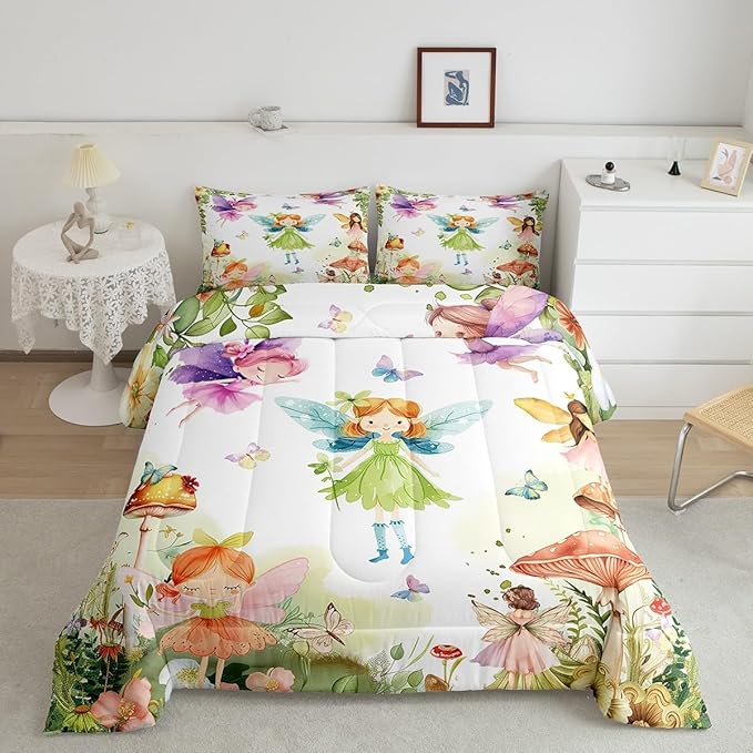 Erosebridal Fairy Garden Full Comforter Set,Mushroom Butterfly Bedding Sets for Girls Kids,Dreamy Fairy Floral Quilt Bed Set,Cute Girly Princess Bedroom Decor,2 Pillowcases Breathable