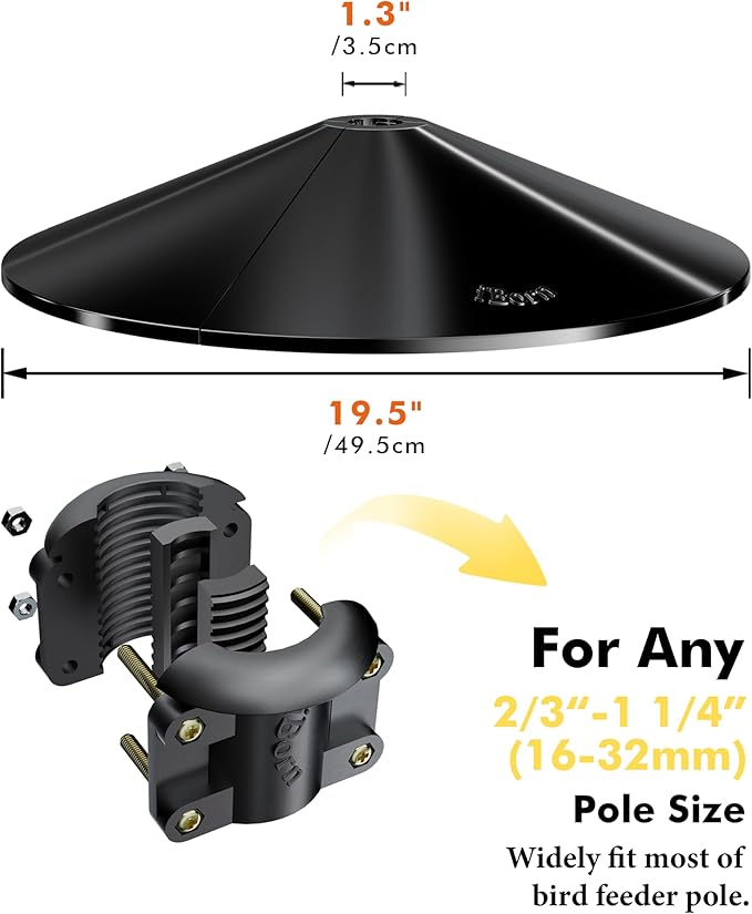 iBorn Squirrel Baffle for Bird Feeder Pole, 19.5” Oversized Squirrel Guard Defender, Bird Feeder for Outdoors Protector, Polycarbonate(PC), Pack of 1, Black