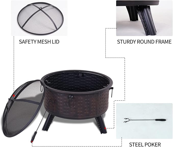 GRAND PATIO Fire Pits for Outside,Patio Outdoor Fire Pits, Round Deep Bonfire Wood Burning Fire Pit with Spark Screen Cover Safe Mesh Lid and Poker