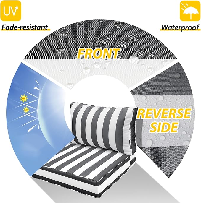 AAAAAcessories Outdoor Seat Cushions for Chairs, Fade-Resistant, Waterproof Patio Furniture Replacement Cushions, 24" x 24" x 5" + 24" x 13.5", Gray Cabana Stripe