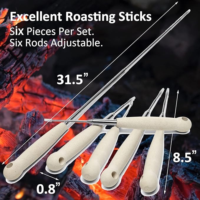 6 Pcs 32 inch Marshmallow Roasting Sticks - Extendable Smores Sticks for Fire Pit Long - Heavy Duty Hot Dog Sticks for Campfire, Premium S'mores, Hot Dog & Camping Cooking Kit