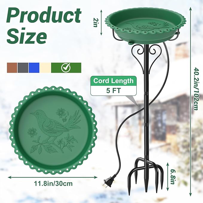 Heated Bird Bath for Outside Winter, Powerful 100W Thermostat Control Water Heated BirdBaths Bowl for Outdoors with 5-Prong Metal Base Heated Bird Bath for Garden Patio Yard Lawn (Green)