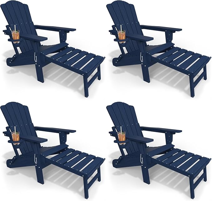 Folding Adjustable Adirondack Chairs with Ottoman & 1 Cup Holders Set of 4, HDEP Multifunctional Adirondack Chair with Footrest,Navy Blue