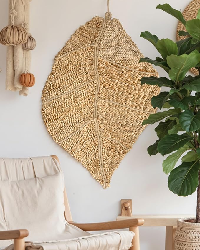 DEXI Jute Door Mat Inside Entryway Braided Woven, 24x35 Front Entrance Doormat Inside Leaf Shaped, Welcome Natural Fiber Entry Mats Farmhouse Home Decor, Beige