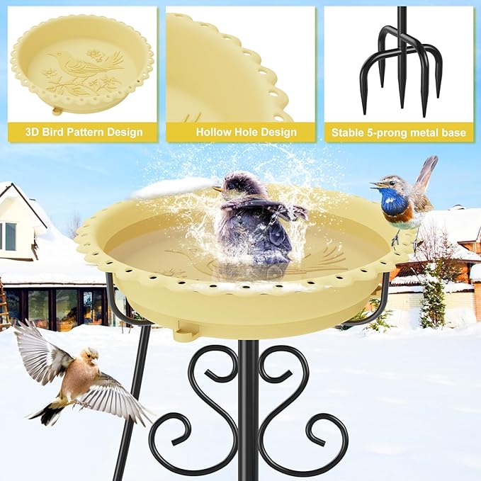 Heated Bird Baths for Outdoors,Upgraded 100W Thermostat Control Heated BirdBaths for Winter with Metal 5 Prong Base Heated Bird Bath for Outside Winter Garden Yard Patio Lawn (Beige)