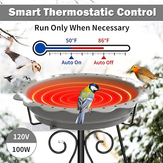 Heated Bird Bath for Outside Winter, Powerful 100W Thermostat Control Heated Bird Baths for Outdoors with 5-Prong Metal Stake, Heated Birdbath Water Heater for Garden Yard Patio Lawn (Grey)
