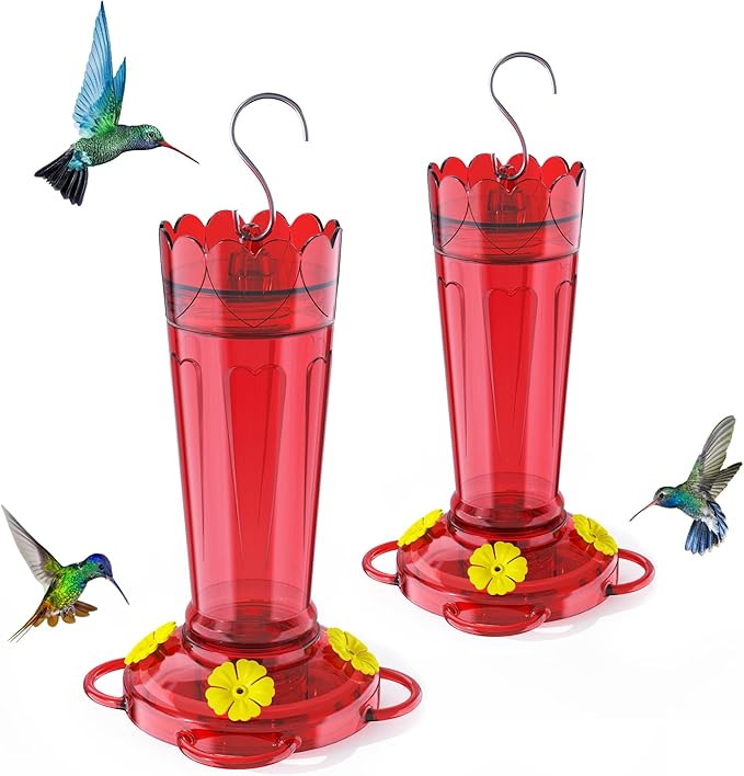 Plastic Hummingbird Feeders for Outdoors, 2-Pack 14 oz Ant & Bee Proof Hummingbird Feeder, Leak-Proof Nectar Feeders with 4 Feeding Ports and Perches, Gifts for Mom, Birdlovers-Red