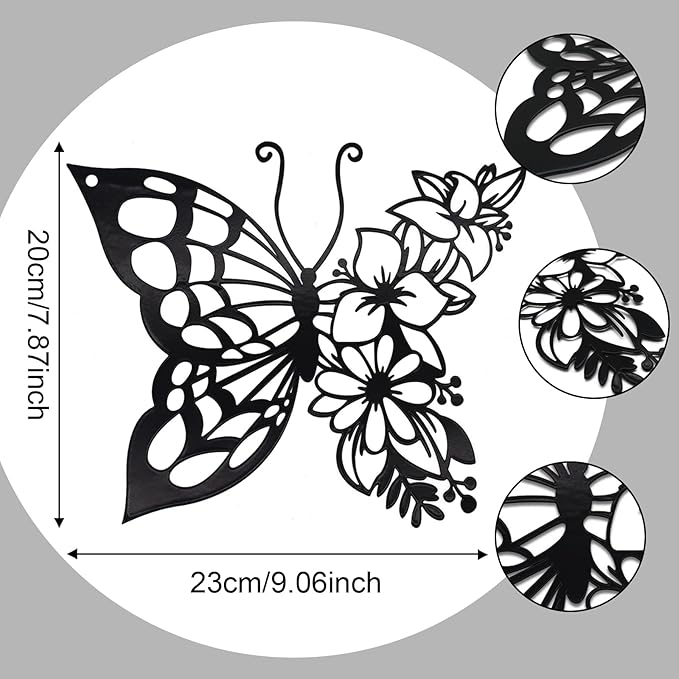 EZ4ENCE Butterfly Decoration Wall Art Boho Home Decor Hanging Appearance Metal Flower for Bedroom Living Room Wall,Black(Medium)