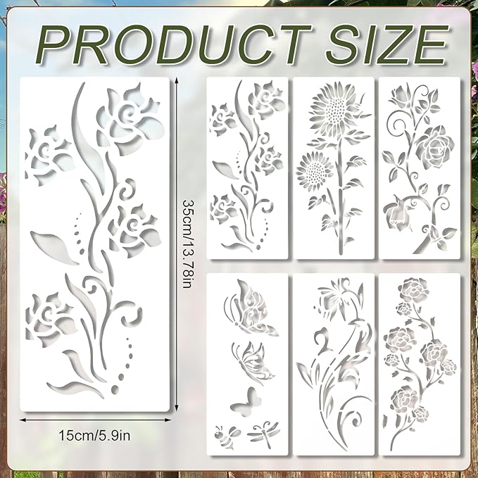 6pcs Garden Fence Large Flower Stencils, Flower Painting Wood Template Floral Drawing Stencils Wall Stencils for Crafts Reusable Outdoors Wall Decoration Home Floor Decor Drawing Supplies