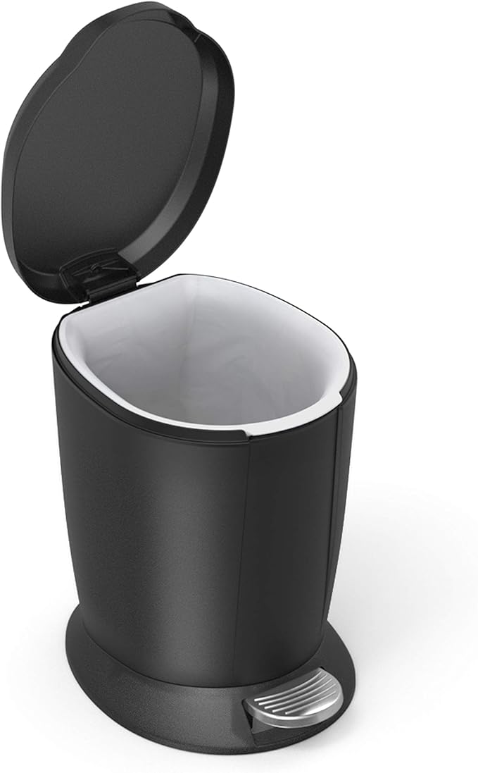 simplehuman 6 Liter / 1.6 Gallon Compact Plastic Round Bathroom Step Trash Can, Black
