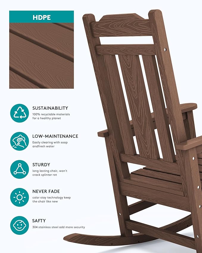 SERWALL Oversized Rocking Chair Set of 2 Outdoor, HDPE Outdoor Rocking Chair Set of 2, Coffee