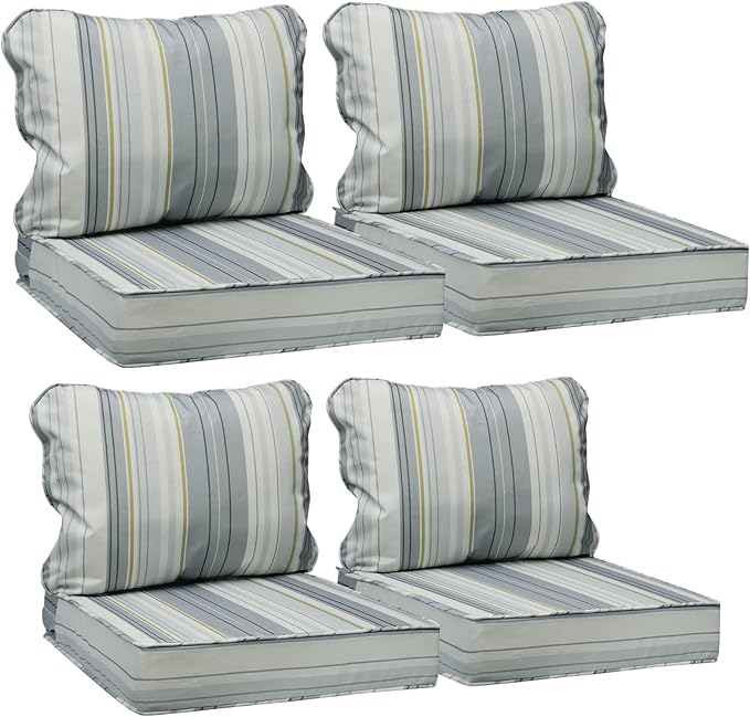 AAAAAcessories Outdoor Seat Cushions for Chairs, Fade-Resistant, Waterproof Patio Furniture Replacement Cushions, 23.5" x 25.5" x 5" + 23.5" x 19", Set of 4, Ash Blue Harbor Stripe