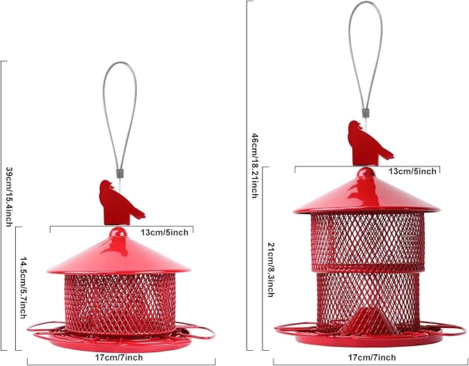 Metal Bird Feeder for Outside Hanging, Bird Feeders Squirrel Proof, 4 Lbs Large Capacity Tube Iron Mesh Wild Birdfeeder for Outdoor Finch Cardinal Chickadees Blue Jay -Red