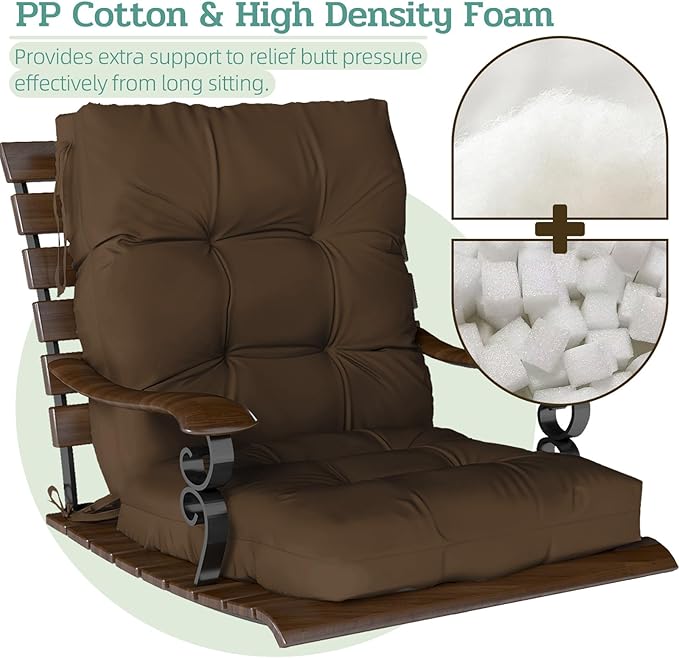 Outdoor Chair Cushions Set of 2, 42x21x4 Inch Patio Cushion for Dining/Rocking Chairs, High Back Soft Seat Pad with Ties, Indoor Outside Use, Fade-Resistant & Waterproof, Brown