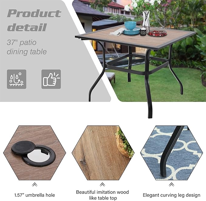 PHI VILLA 5 Piece Patio Dining Set Metal Outdoor Table and Chairs Furniture Set, 37" Square Bistro Table with Umbrella Hole and 4 Backyard Garden Chairs Support 300LBS for Deck, Lawn, Garden