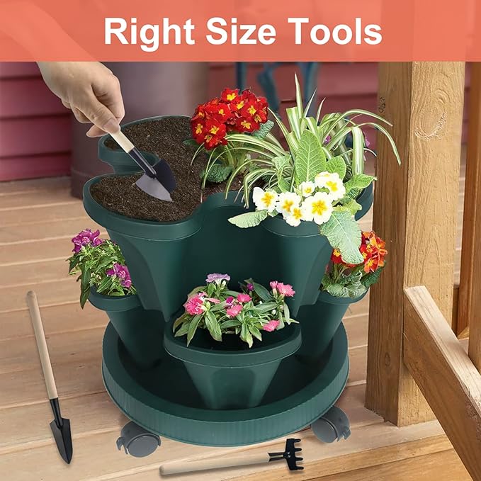 DUNCHATY Stackable Planter, Vertical Garden Planter with Wheels and Tools, Self Watering Strawberry Planter Indoor/Outdoor 4 Tier Herb Planter Pots for Growing Vegetables and Succulents,Pine Green