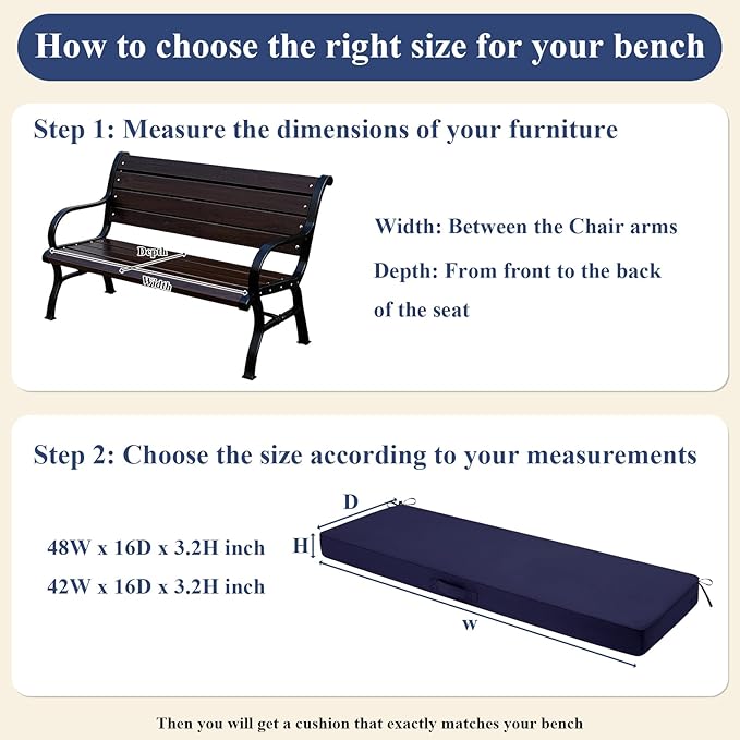 SHACOS Outdoor Bench Cushions 42 x 16 Inch, 3.2 Inch Thick High-Density Bench Cushion, Waterproof & Fade-Resistant Removable Cover with Ties, Bench Seat Cushions for Swing Patio Garden Furniture, Navy