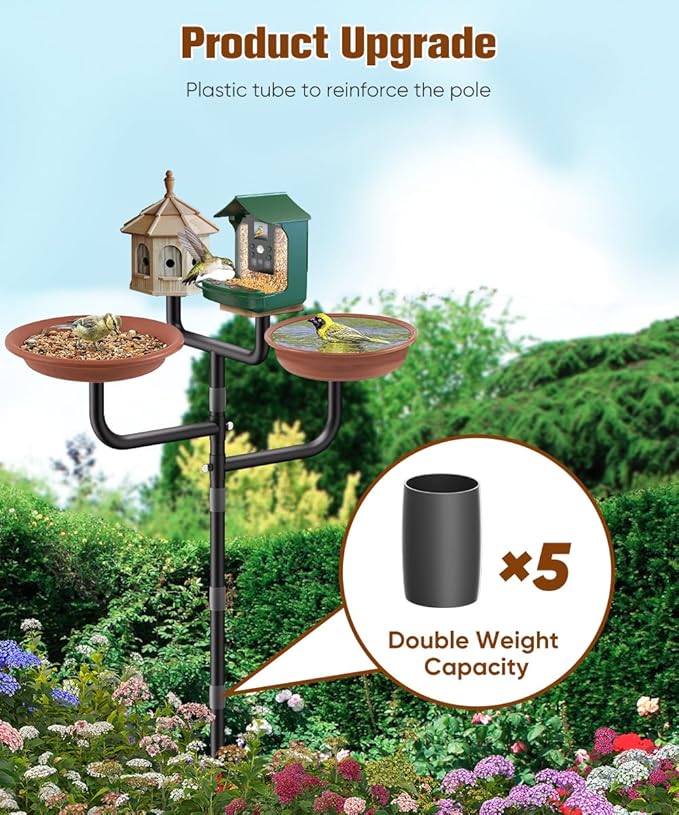 4 Holders Upgrade Bird House Pole with 90inch for Outdoor Bird Feeder Bath, Heavy Duty Adjustable Birdhouse Stand with 4 Plates & 5 Prong Base for Garden, Yard(NO Birdhouse & Birdbath)