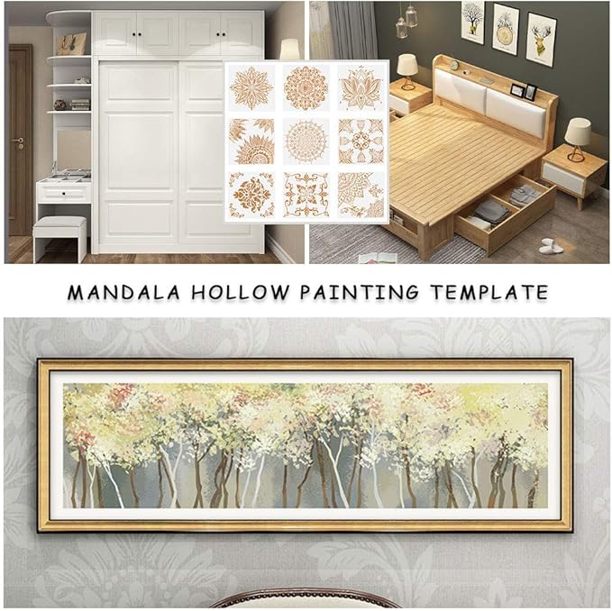 9 Pack(12x12 Inch) Large Mandala Stencils, Reusable Stencils for Painting Template Stencils Painting DIY Easter Decor Art Scrapbook on Wood, Floor, Wall, Tile