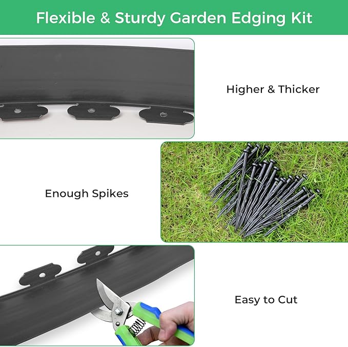 4-Inch x 100 FT Landscape Edging Border with 150 Stakes, Plastic Garden Edging Border Kit, Flexible No Dig Lawn Edging Border for Garden Flower Beds Yard Pathway Paver (Black)