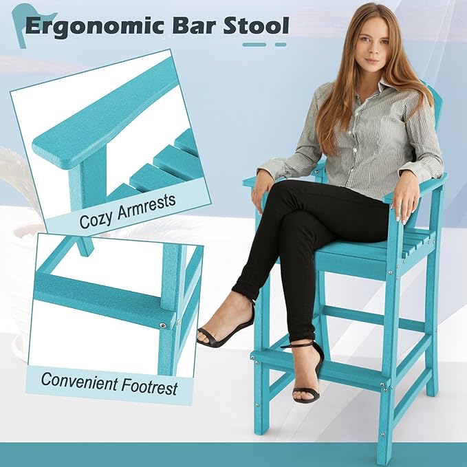 Giantex Set of 2 HDPE Outdoor Bar Stools, All Weather Tall Adirondack Chair with Armrest, Footrest, Load 360Lbs, Counter Height Bar Stool for Patio, Garden, Yard, Indoor Or Outdoor Use (Turquoise)