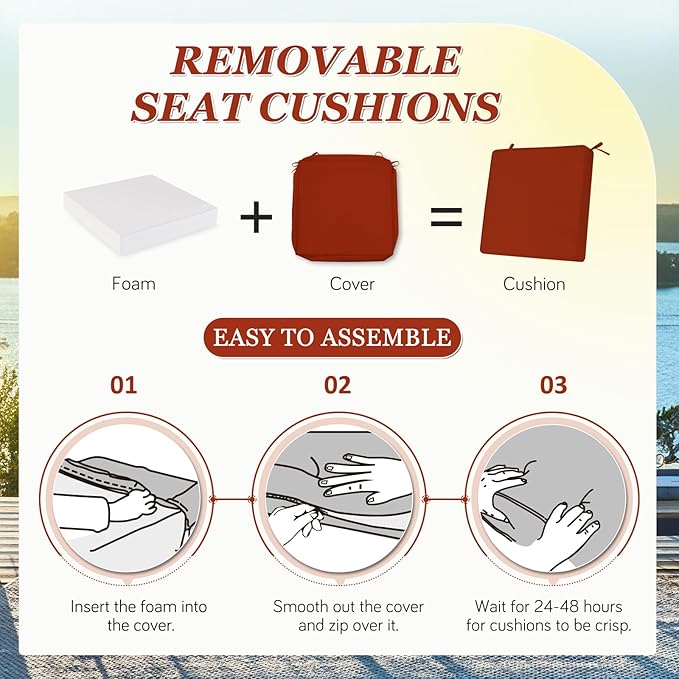Waterproof Outdoor Chair Cushions Set of 2, Square Outdoor Seat Cushions with Ties and Removable Covers, 19 x 19 Outdoor Cushions for Patio Furniture with Portable Handle(Rust)