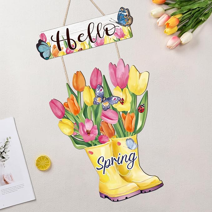 CHDITB Hello Spring Wooden Sign, Floral Butterfly Wooden Hanging Plaque, Tulip Flowers Front Door Hanger, Farmhouse Spring Sign Colorful Tulip Boots Wall Hanging For Porch Garden Fence Shop Decoration