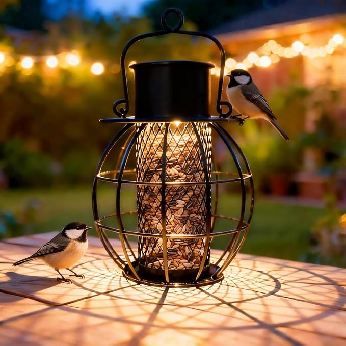 Solar Bird Feeder for Outdoors- Heavy Duty Metal Bird Feeder Squirrel Proof with Lights,Chew-Proof,Outdoor Solar Lantern Feeder for Small Birds, Unique Gifts for Mom, Grandma (Black)