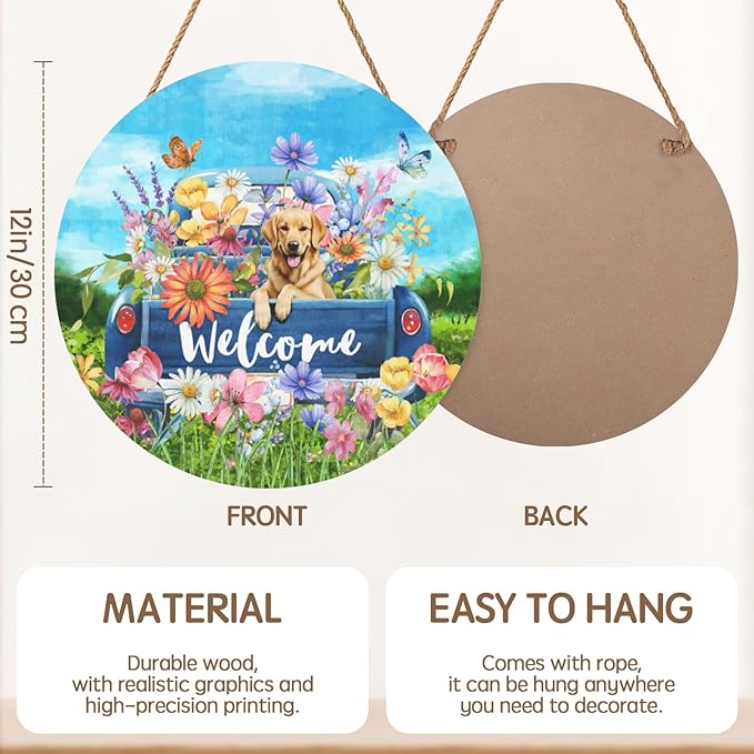 Spring Welcome Door Sign Flower Truck with Retriever Dog Door Hanger Summer Floral Butterfly Decorative Hanging Porch Signs for Wall Outdoor