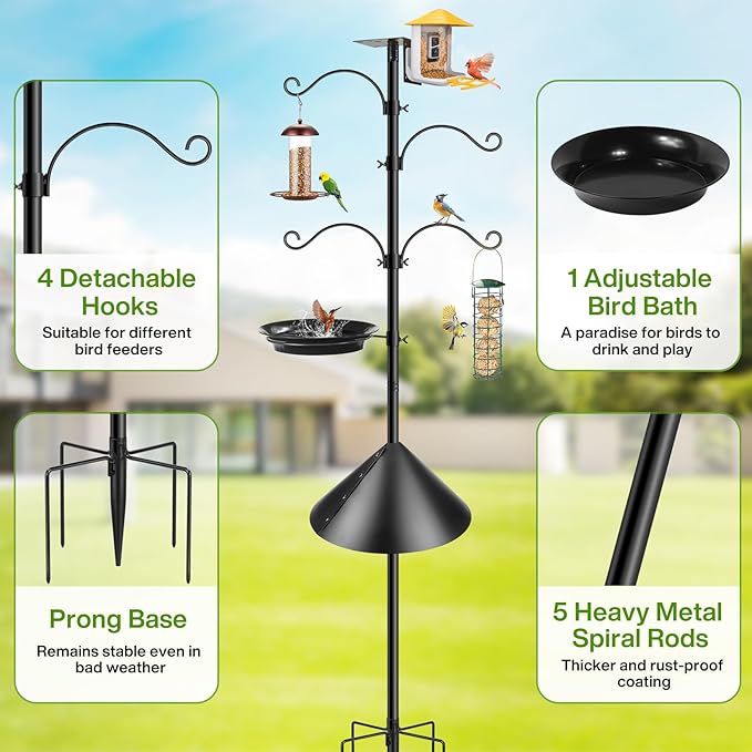 Bird Feeder Station with Squirrel Baffle and Bird Bath,Squirrel Proof for Bird Poles Hanging Feeder Station Kit Adjustable Heavy Duty Metal 5 Prong Base, Patio, Garden Decoration 92IN (Not House)