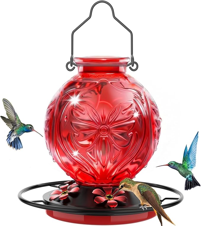 Glass Hummingbird Feeder for Outdoors Hanging, 25Oz Humming Bird Nectar Feeders with Perch & 5 Flower Feeding Ports, Leak Proof for Outside Garden Decor, Gifts for Women (Red)