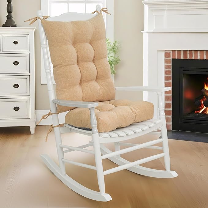Lokex Rocking Chair Cushion 4 Inch Extra Thick, Cushions for Rocking Chairs Set of Seat and Back with Ties, Linen Fabric Indoor Outdoor Rocker, 17x21 & 17x17 Inches (Khaki)