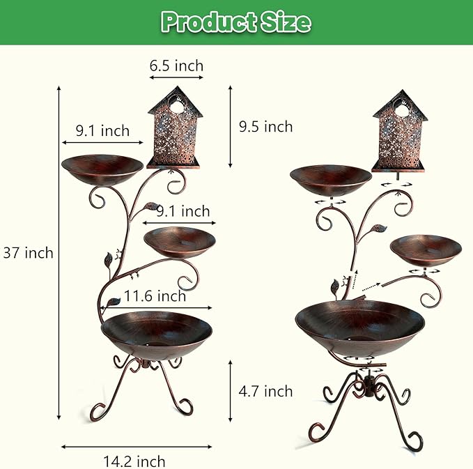 HONGLAND Bird Bath for Outside, 37" Antique Brass Metal Bird Bath Outdoors with Solar Lights, 4-in-1 Rust-Resistant Bird Feeder and House Combo, Detachable Flower Pots for Garden Yard Patio Decor