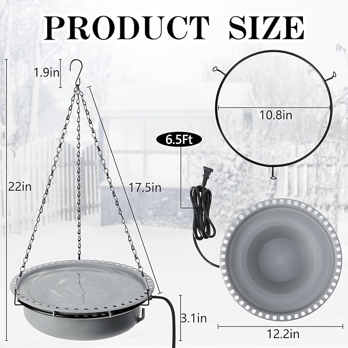 Adnee Hanging Heated Birdbath for Winter Outdoor, 100W Thermostatical Heated Bird Bath with Power Cord, Hanging Garden Bird Bath for Outside Patio Yard Decoration