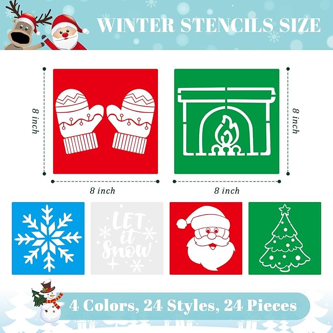 Henoyso 24 Pcs Winter Stencil Set 8 x 8 Inch Plastic Snowflake Drawing Painting Templates Assorted Stencils Reusable for Holiday Winter Themed Kids Painting on Wood Scrapbook DIY Art Crafts