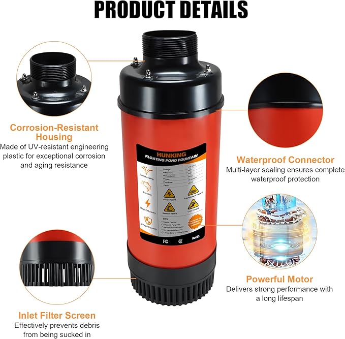 H1 Pond Fountain Aerator 750W 1HP - 16000 GPH Floating Aerating Pump with Timer, 110V-120V/100FT Power Cord/2 Nozzles Outdoor Water Circulation Jet System for Large Ponds, Lakes, Water Gardens