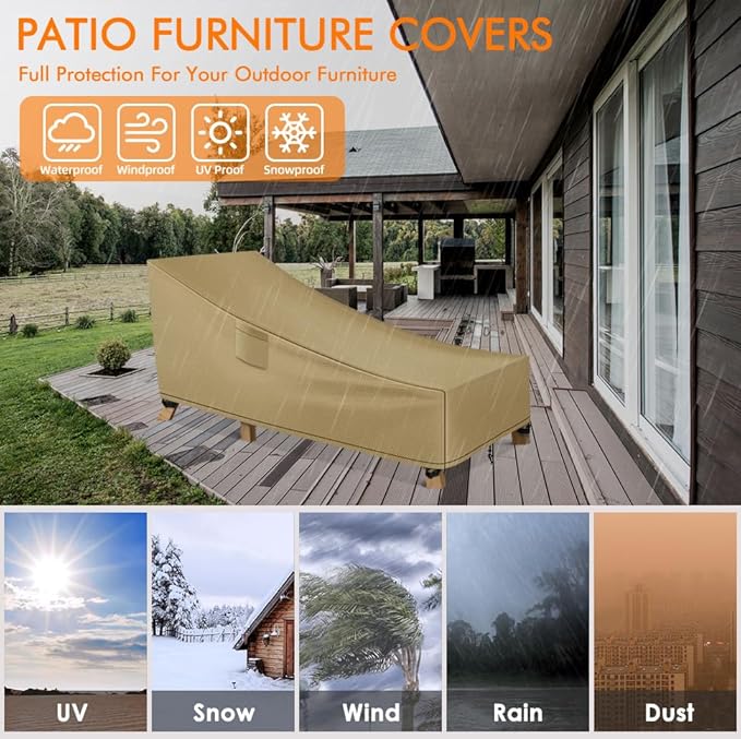 WLEAFJ Patio Chaise Lounge Cover Waterproof, Heavy Duty Outdoor Lounge Chair Covers, Durable Patio Furniture Covers, 78L x 34W x 32H inch - 2 Pack, Khaki