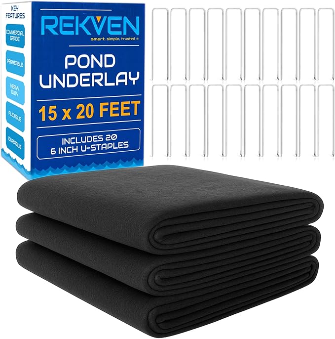 Pond Liner Underlayment - 15 x 20 Feet - Non Woven Geotextile Landscaping Fabric with 20 U-Pin Garden Staples - Perfect for Fish Koi and Preformed Ponds Fountains Waterfalls