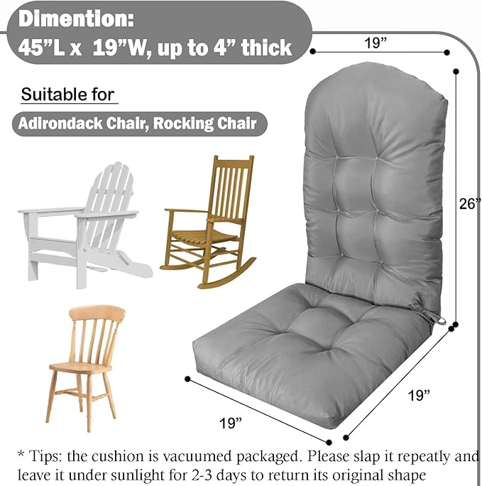 Adirondack Chair Cushion Set of 2 Thick Indoor/Outdoor Rocking Chair Cushion with Elastic PP Cotton Water-Resistant Patio Furniture Cushions High Back Seat Pads for Porch Yard Lawn Chairs 44x19x4