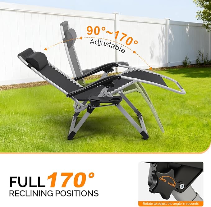 Bonnlo Padded Zero Gravity Chair, Lounge Chair Recliner Chair with Removable Cushion & Tray， Folding Reclining Patio Chairs， Recliner Chair for Lawn，Indoor and Outdoor