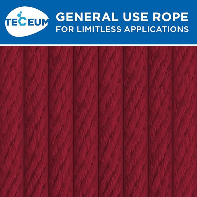 TECEUM Cotton Rope 3/16” (5 mm) – 100 FT – Strong All-Purpose Braided Rope – Natural Cotton – for Crafting, Сamping, Clothes Line, DIY, Indoor & Outdoor Use – Crimson