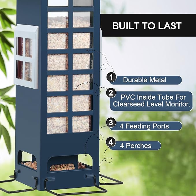 Squirrel Proof Bird Feeder,Metal Mesh Hanging Outdoor Bird Feeders with Weight Activated 2LB Capacity for Finch, Cardinal, Chickadee and Blue Jay-Blue