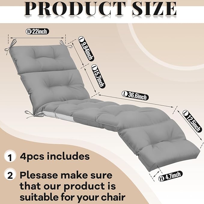 Kigley 4 Pcs Chaise Lounge Cushions 75 x 22 x 5 Inches Soft Lounge Chair Cushion Spring/Summer Seasonal Replacement for Outdoor Indoor Home Office (Light Gray)