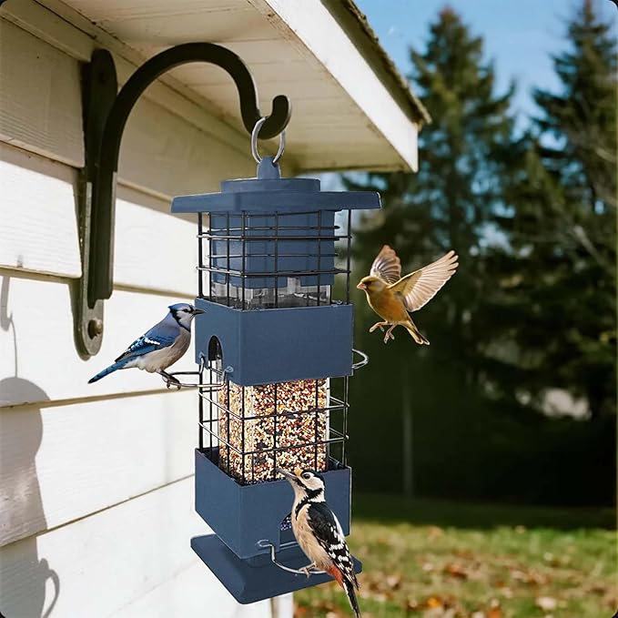 Squirrel Proof Bird Feeder for Outdoors Hanging,3Lbs Metal Birdfeeders Squirrel Proof with 4 Feeding Ports for Outside, Birdseed Feeder for Cardinal, Finch, Sparrow,Bluejay (Blue)