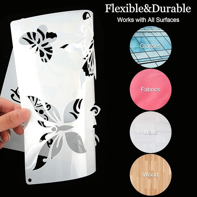 6 Pieces Stencils for Painting on Wood, Reusable Flower Bee Butterfly Painting Stencil Template Bird Bee Drawing Crafts on Wood, Wall, Furniture