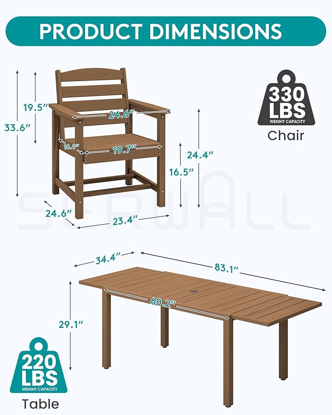 SERWALL 5-Piece Outdoor Table and Chairs, 60" - 83" Expandable Outdoor Dining Table with Aluminum Frame & HDPE Tabletop, All Weather HDPE Patio Furniture Set for Backyard, Garden, Brown