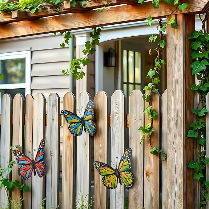 EOORAU Metal Butterfly Outdoor Wall Decor - 3pcs Metal Butterflies Wall Hanging Sculpture Decorations for Fence Patio Yard Garden Tree Gift for Mom Friends