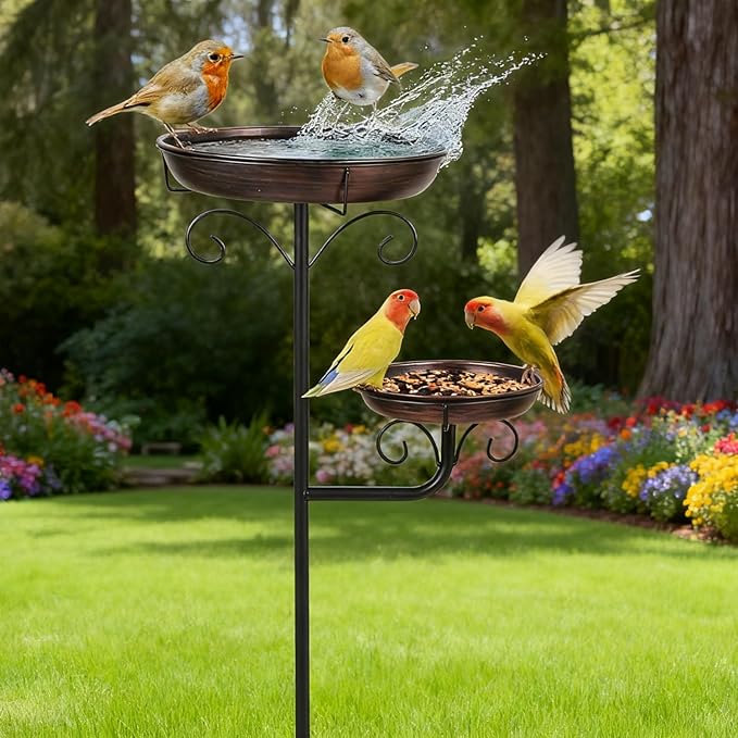 Large Birdbaths for Outdoors with Stand, Copper Bird Bath Outside with Two Removable Bowls, Bird Feeder with Stakes for Metal Garden Decor Ornament