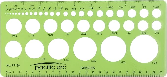Pacific Arc Circles Template Guide, 40 Perfect Circles from 1/32 to 1 5/8 inch with Inch and Metric Graduations